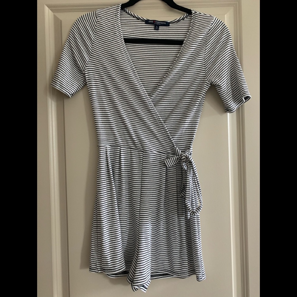 Blue white stripe knit women’s short romper size s